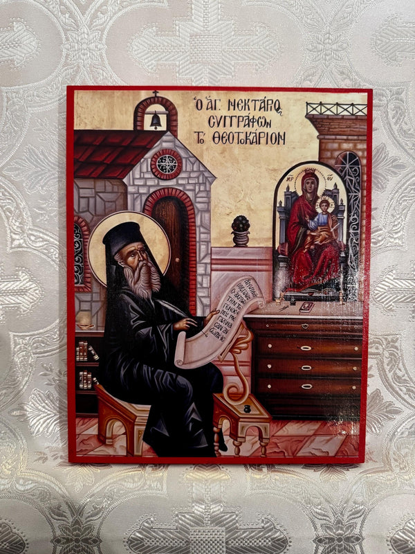 St Nektarios “Agni Parthene” 8x10in Handcrafted Icon
