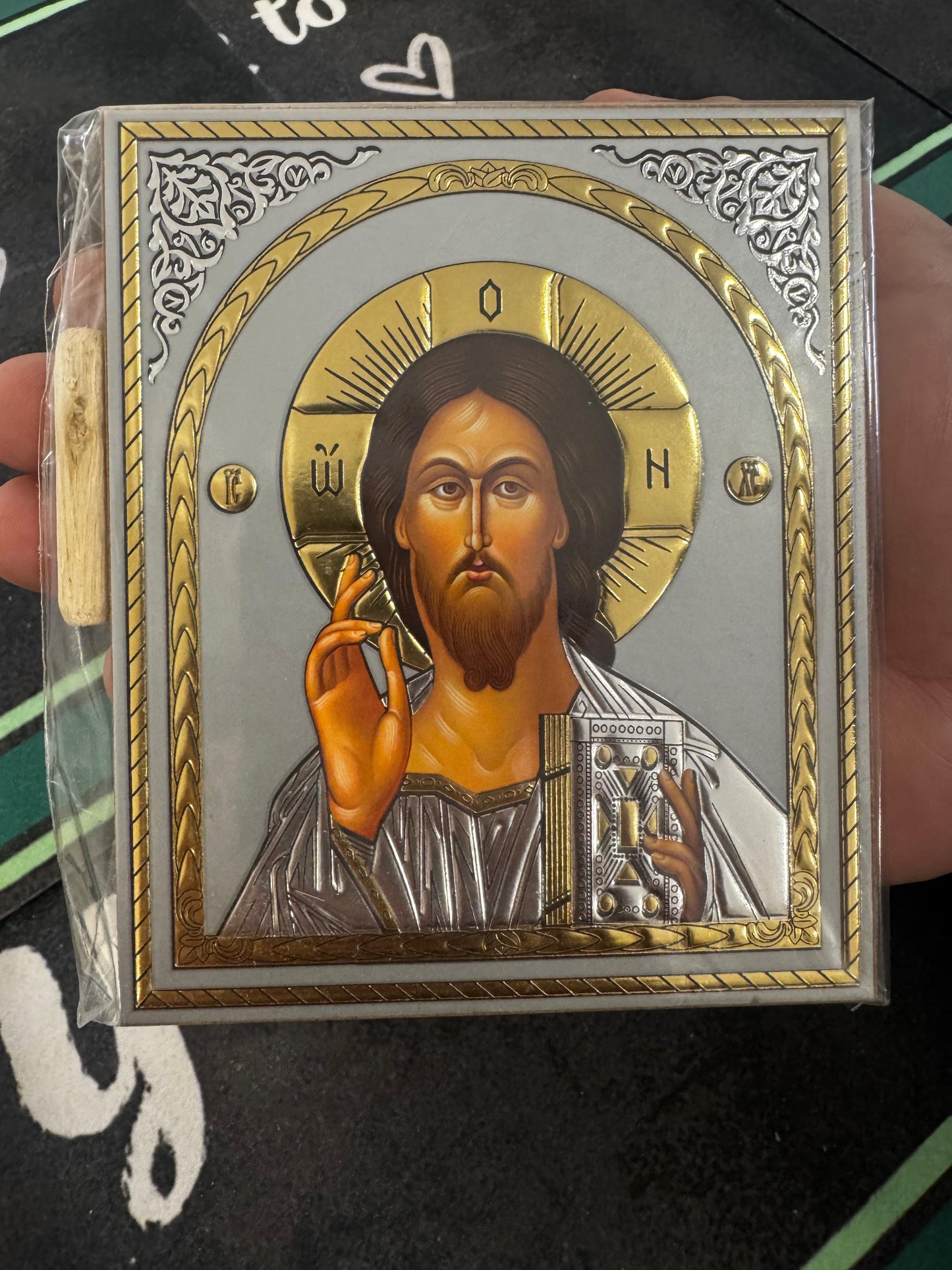 The Lord Jesus Christ of Kazan Russian Wooden Icon with gold and silver background effect