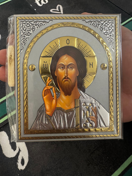 The Lord Jesus Christ of Kazan Russian Wooden Icon with gold and silver background effect