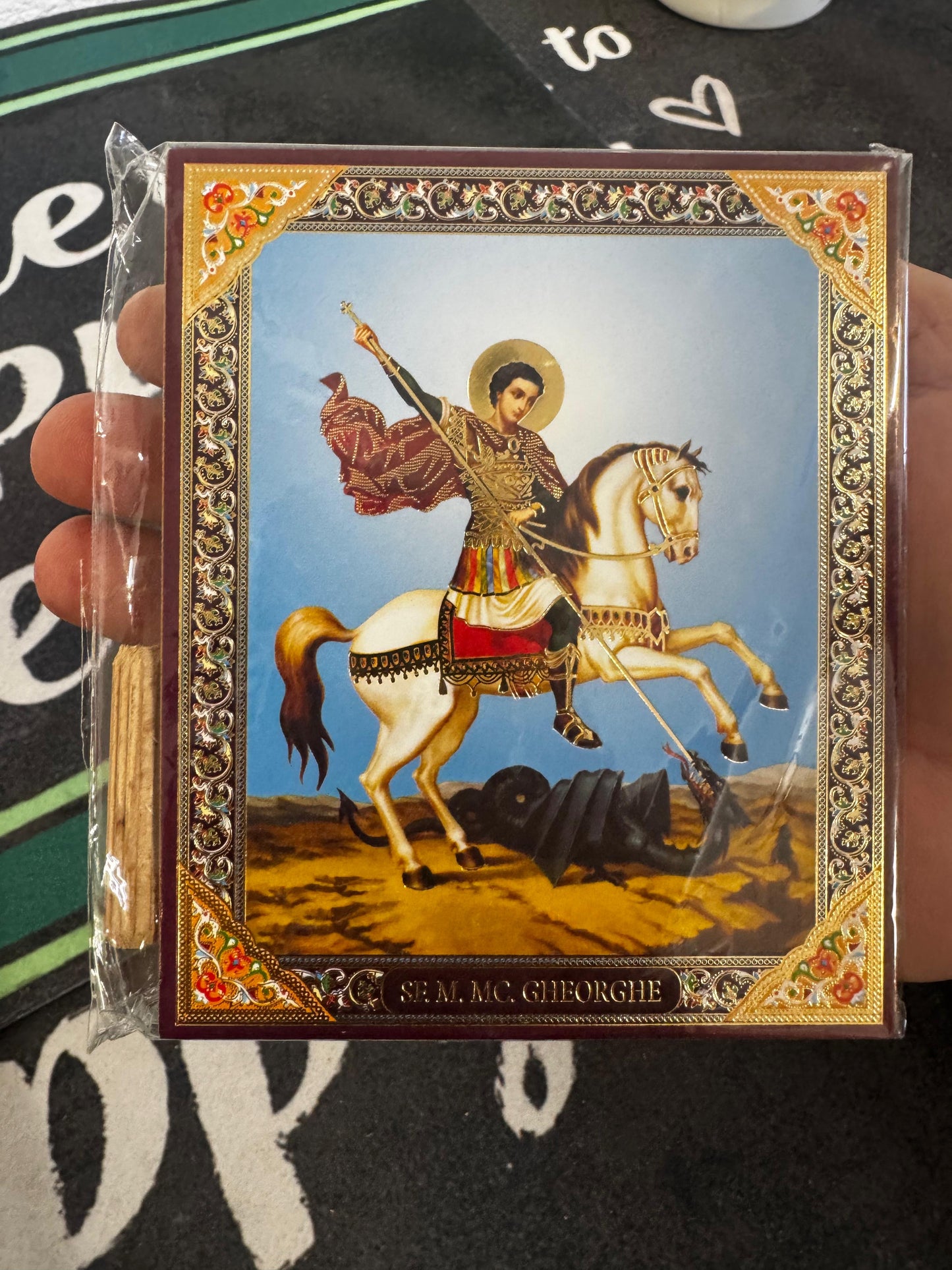 Saint George with blue background Russian Wooden Icon with gold leaf background effect
