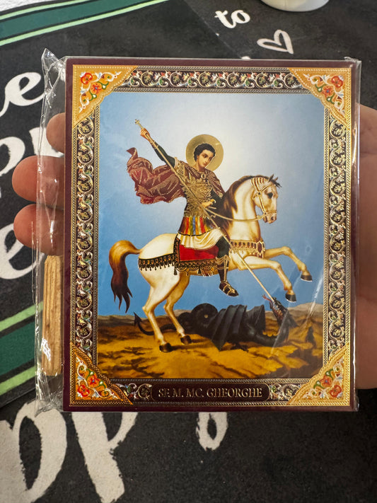 Saint George with blue background Russian Wooden Icon with gold leaf background effect