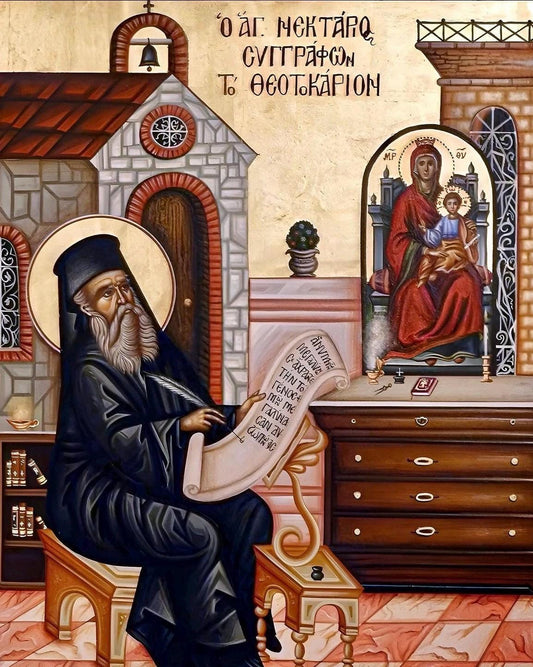 St Nektarios “Agni Parthene” 8x10in Handcrafted Icon