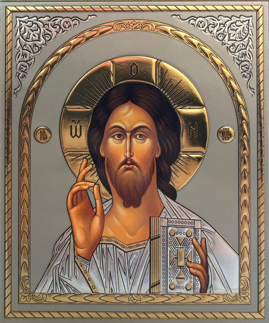 The Lord Jesus Christ of Kazan Russian Wooden Icon with gold and silver background effect