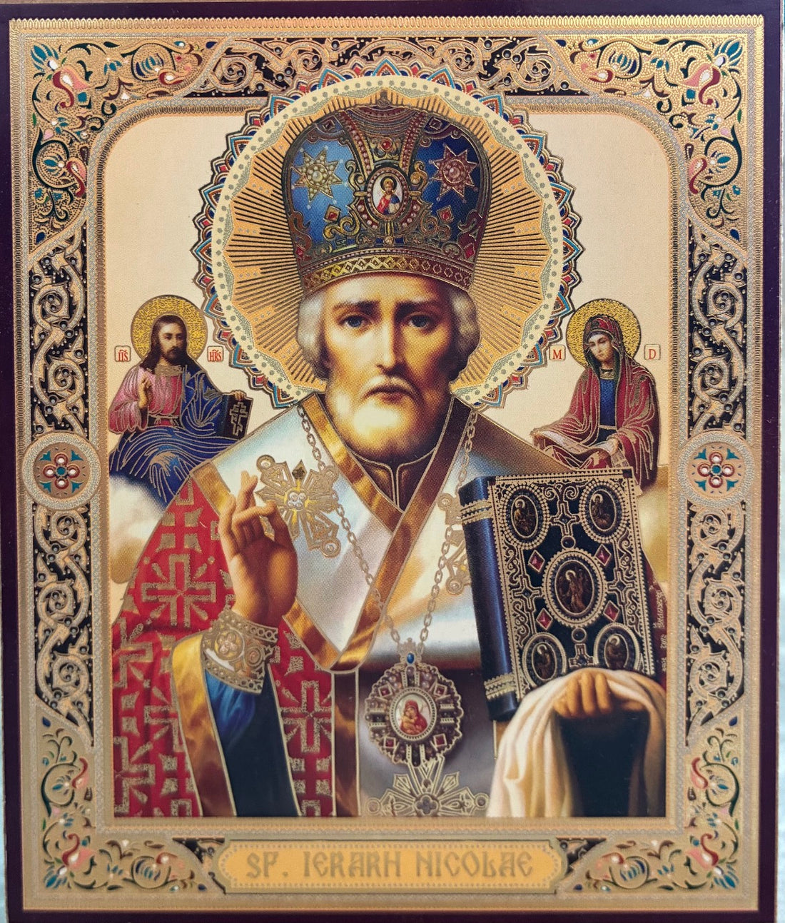 Saint Nicholas Russian Wooden Icon with gold leaf background effect
