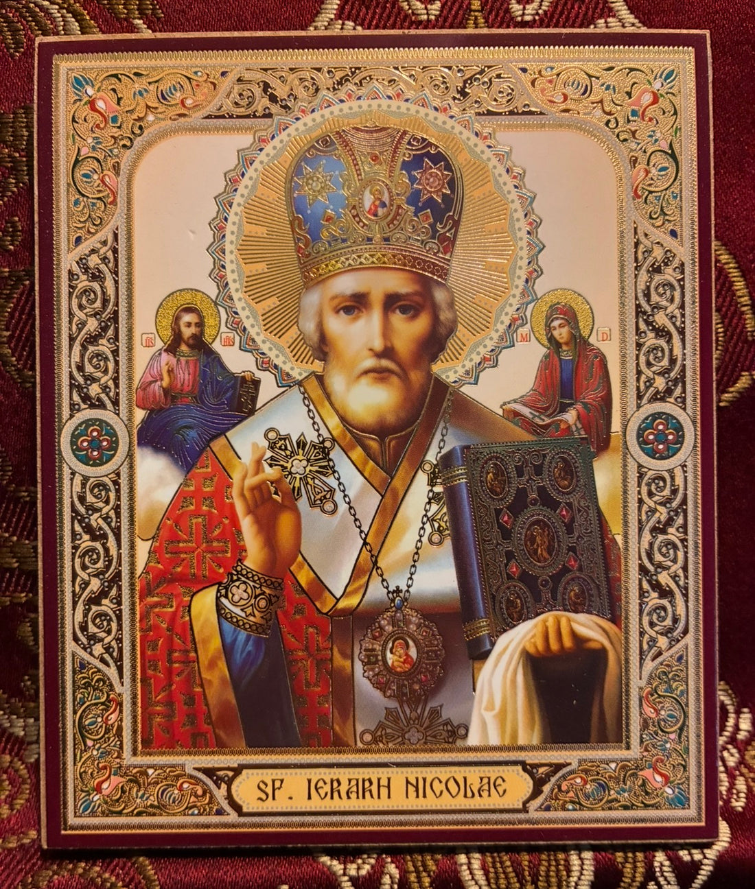 Saint Nicholas Russian Wooden Icon with gold leaf background effect