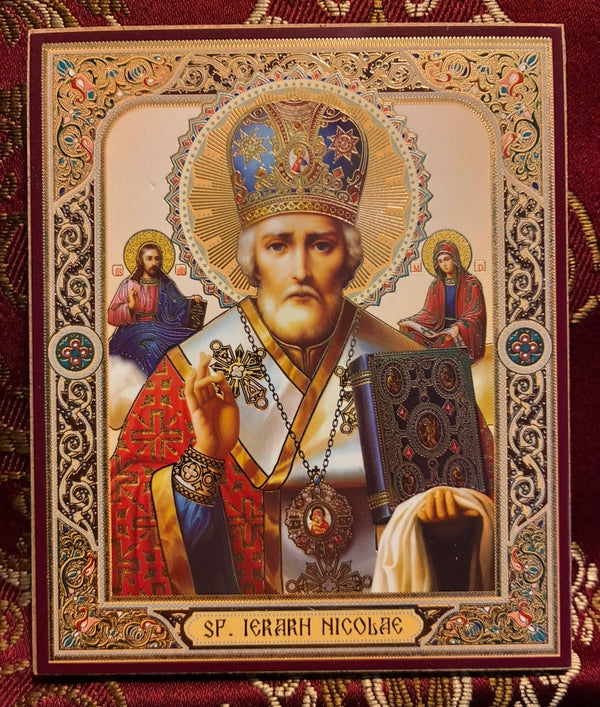 Saint Nicholas Russian Wooden Icon with gold leaf background effect