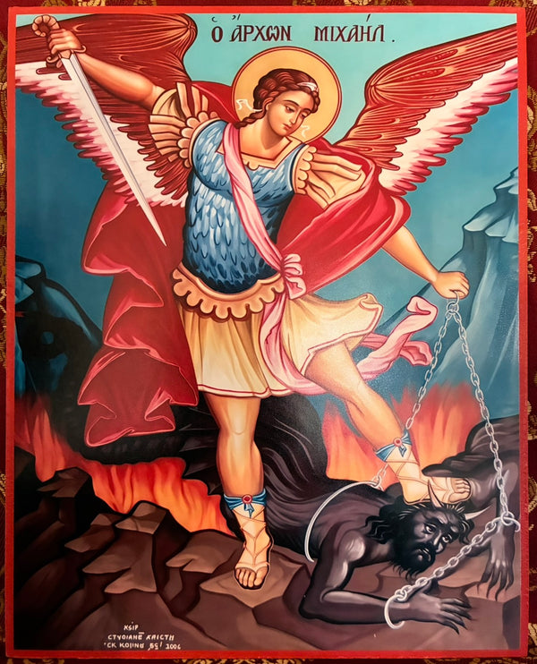 Saint Michael the Archangel Slaying Satan 8x10in Handcrafted Icon