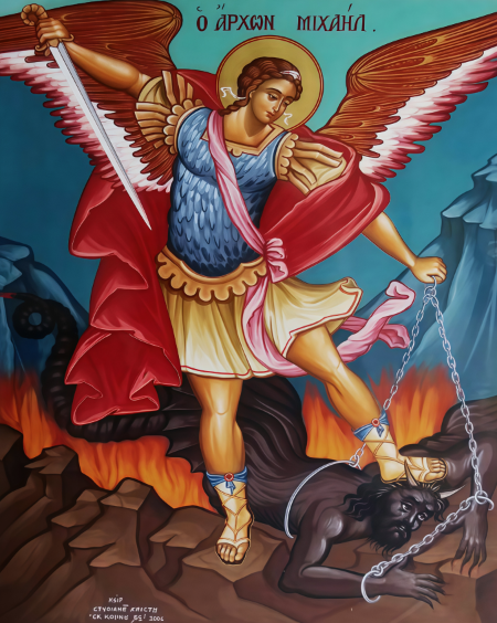 Saint Michael the Archangel Slaying Satan 8x10in Handcrafted Icon