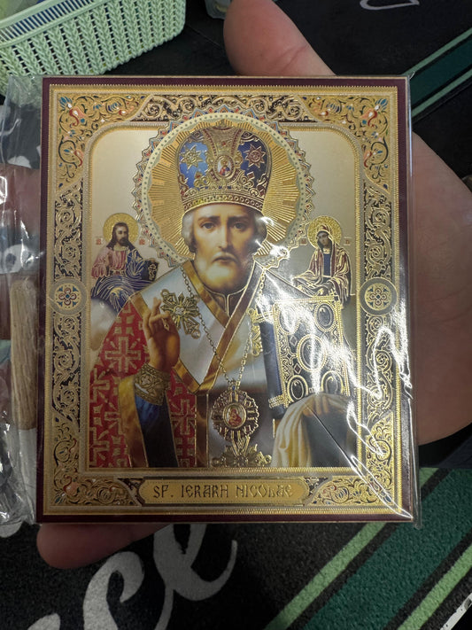 Saint Nicholas Russian Wooden Icon with gold leaf background effect