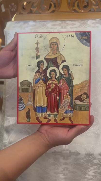St Sophia the Martyr and her three daughters 8x10in Handcrafted Icon